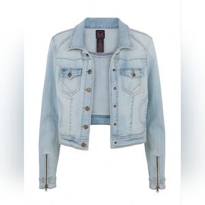 “Material Girl Light Wash Denim Jacket with Zipper Cuffs – Size L”
